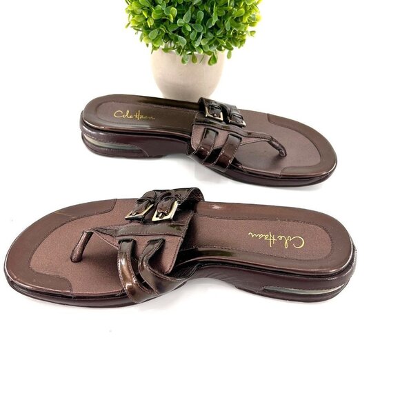 COLE-HAAN NIKE AIR BROWN LEATHER/PATENT LEATHER BUCKLE SANDALS - 7 - Picture 5 of 11